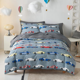 Wake In Cloud race car bedding set boy twin close-up of colorful pattern for kids