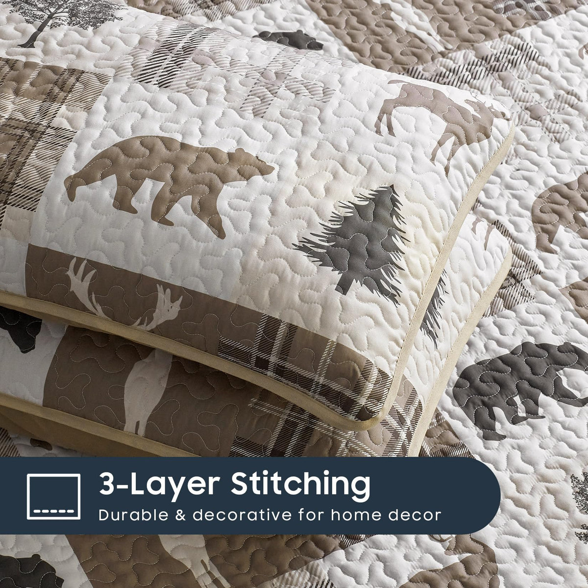 Wake In Cloud lodge-bedroom setup with reversible quilt offers two looks.