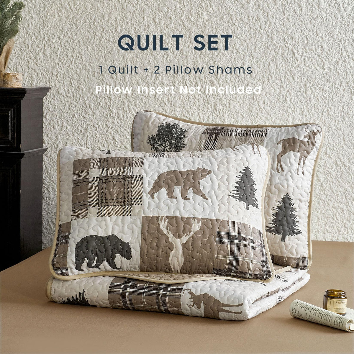 Wake In Cloud moose patchwork quilt elevates cabin-style bedroom ambiance.