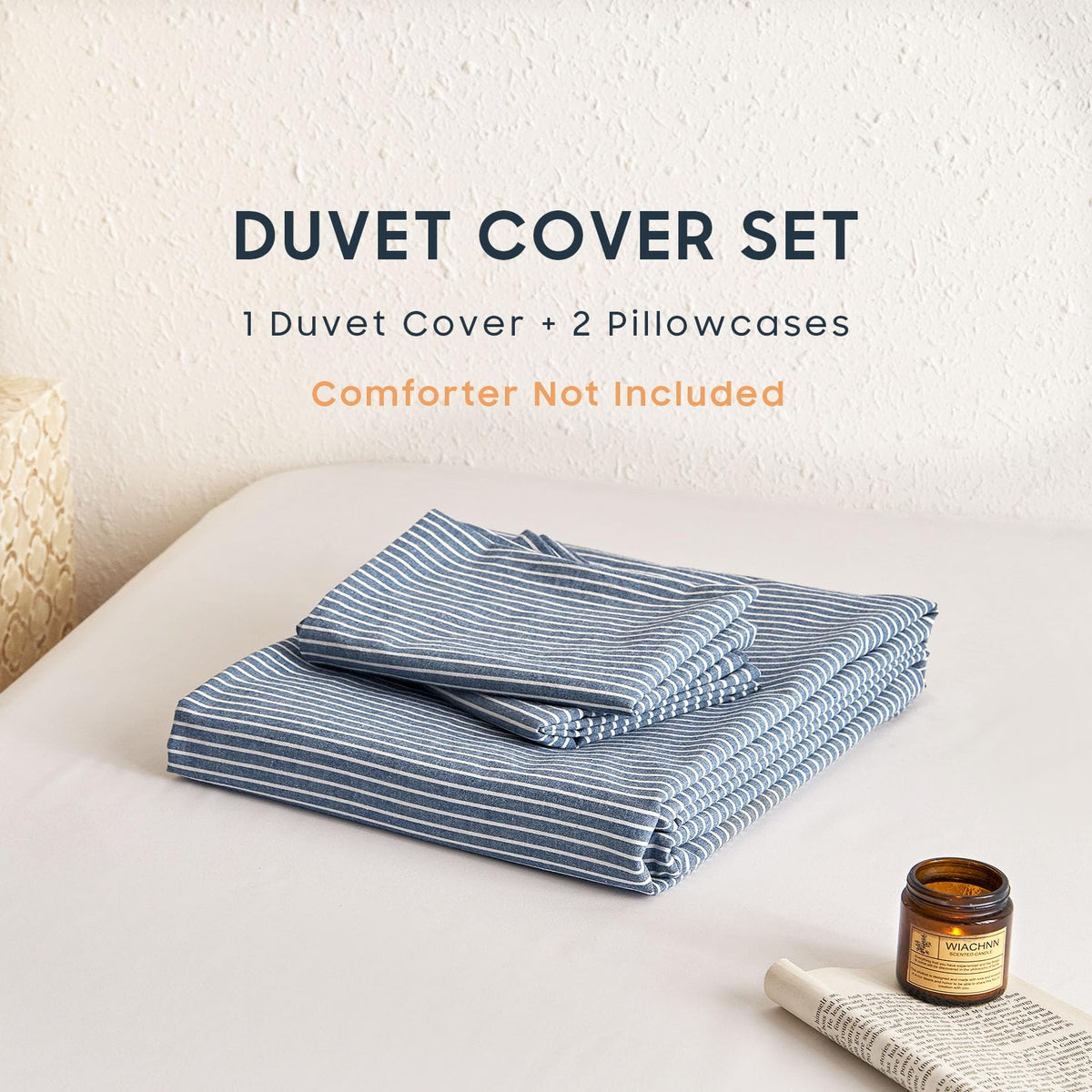 Wake In Cloud ticking stripe pillowcases in denim blue add texture and polish