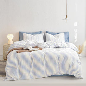 Close-up of vertical ticking stripe pattern on Wake In Cloud duvet cover.