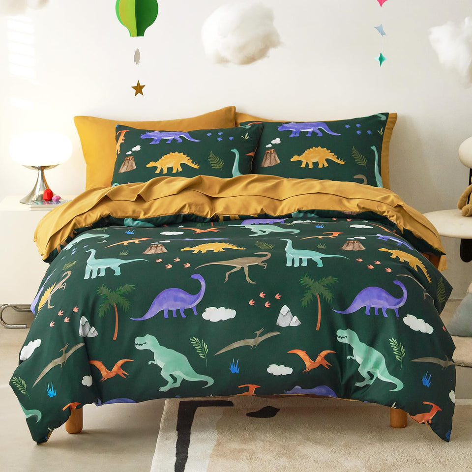 Wake In Cloud twin dinosaur bedding set displays playful design for a cheerful kid's room.