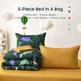 Wake In Cloud dinosaur bedding on dark green twin bed inspires imaginative play.