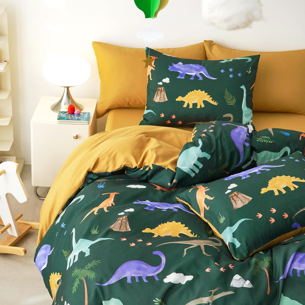 Wake In Cloud dinosaur flat sheet twin emphasizes soft, breathable fabric for comfy sleep.