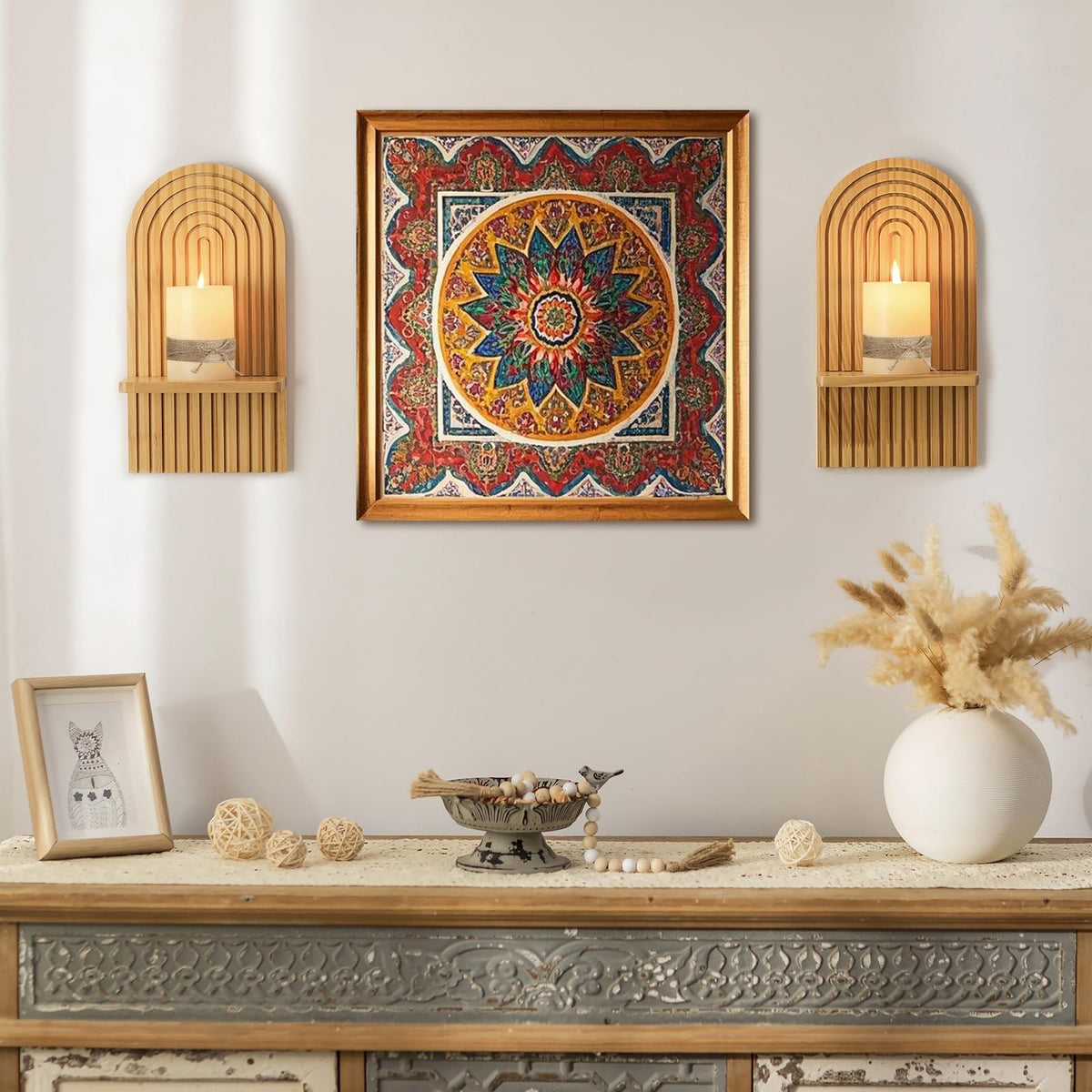 Walasis arch wall sconce close-up showing natural wood and clean lines.