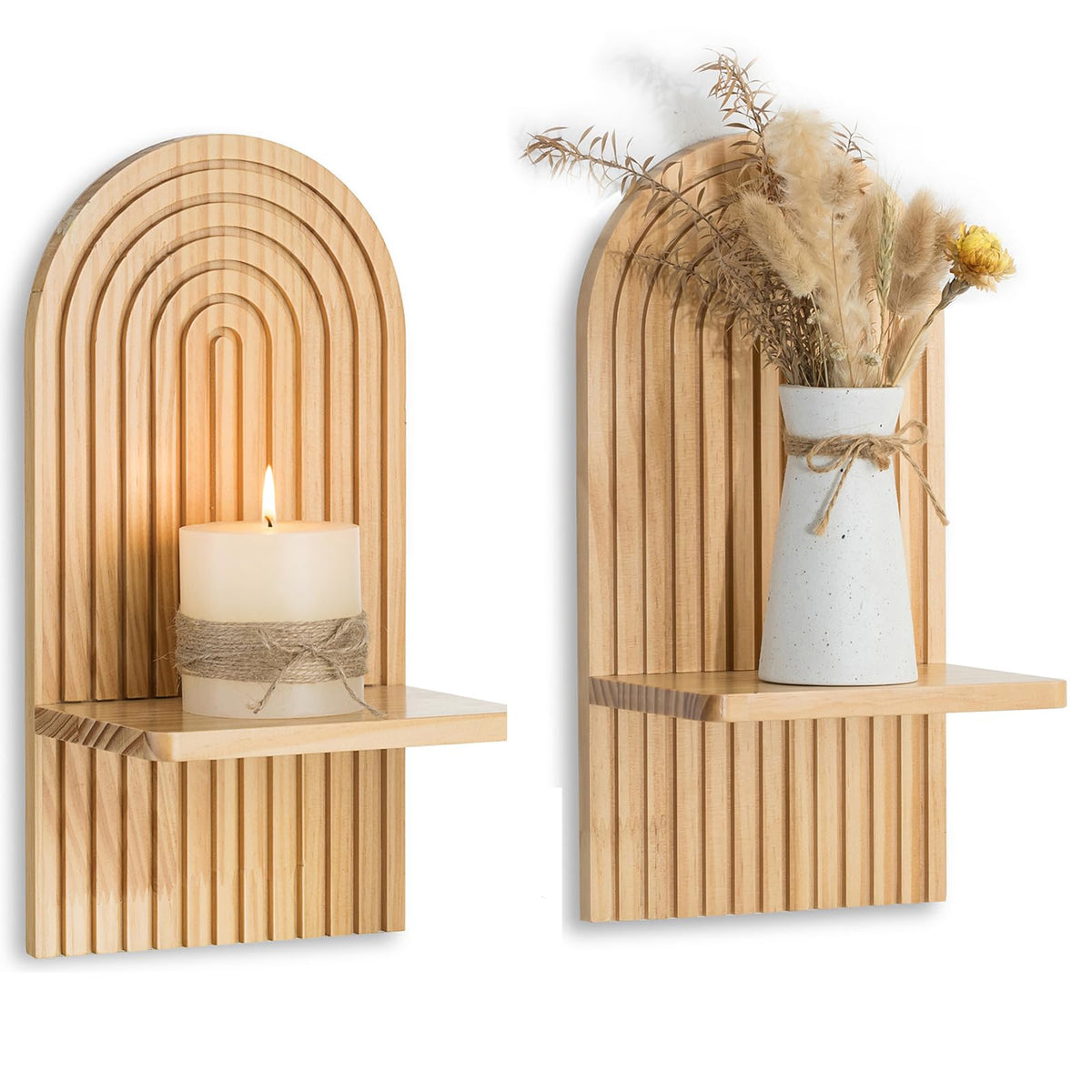 Walasis boho arch wall candle holder in natural wood finish, adds warm ambience to living spaces.