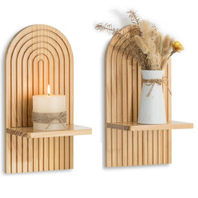 Walasis boho arch wall candle holder in natural wood finish, adds warm ambience to living spaces.