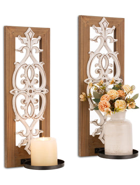 Walasis farmhouse wood candle sconces set of 2 in rustic whitewash finish for warm ambience