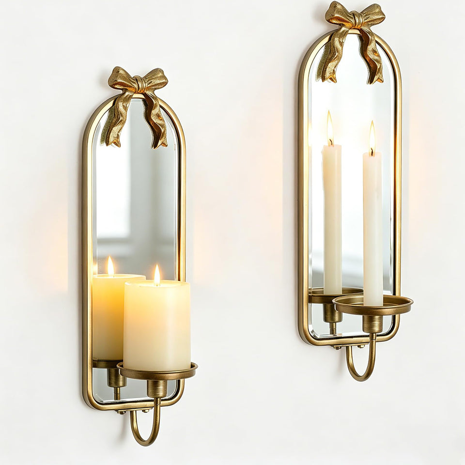 Walasis gold candle sconce with arch mirror enhances wall ambience