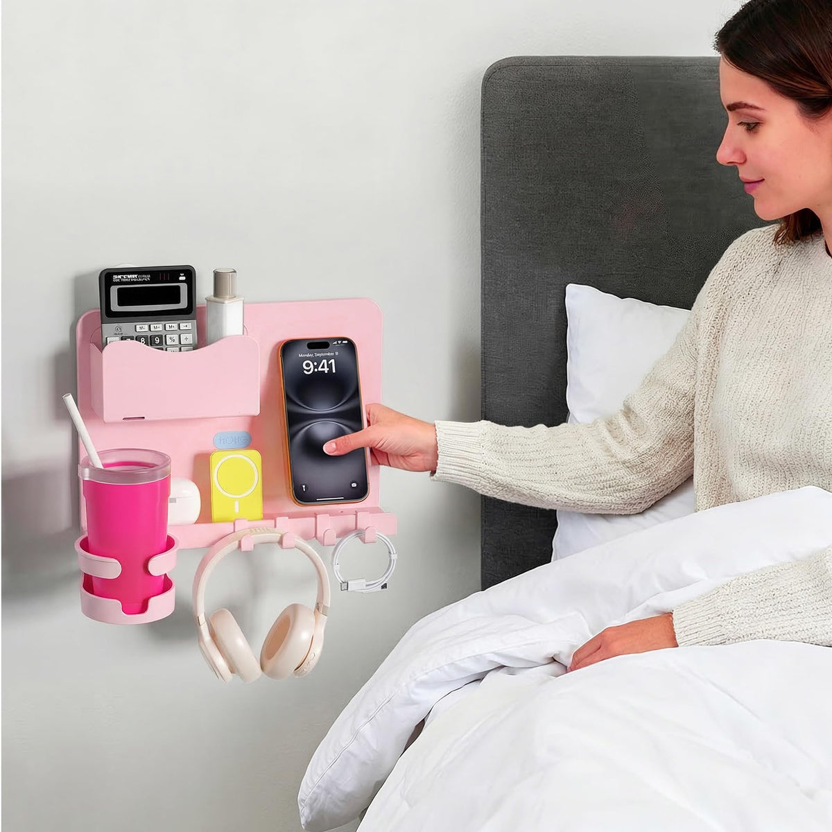 WALfuyao pink bedside shelf upper storage slot for makeup and phones