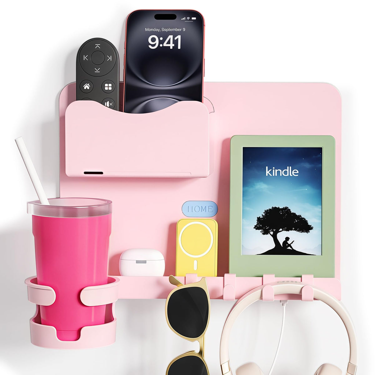 WALfuyao pink floating bedside shelf close-up with tidy essentials at hand