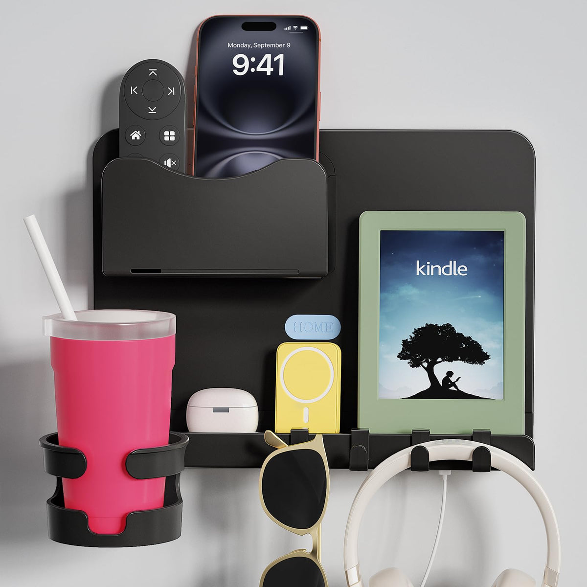 WALfuyao bedside floating shelf keeps remotes and phones organized.
