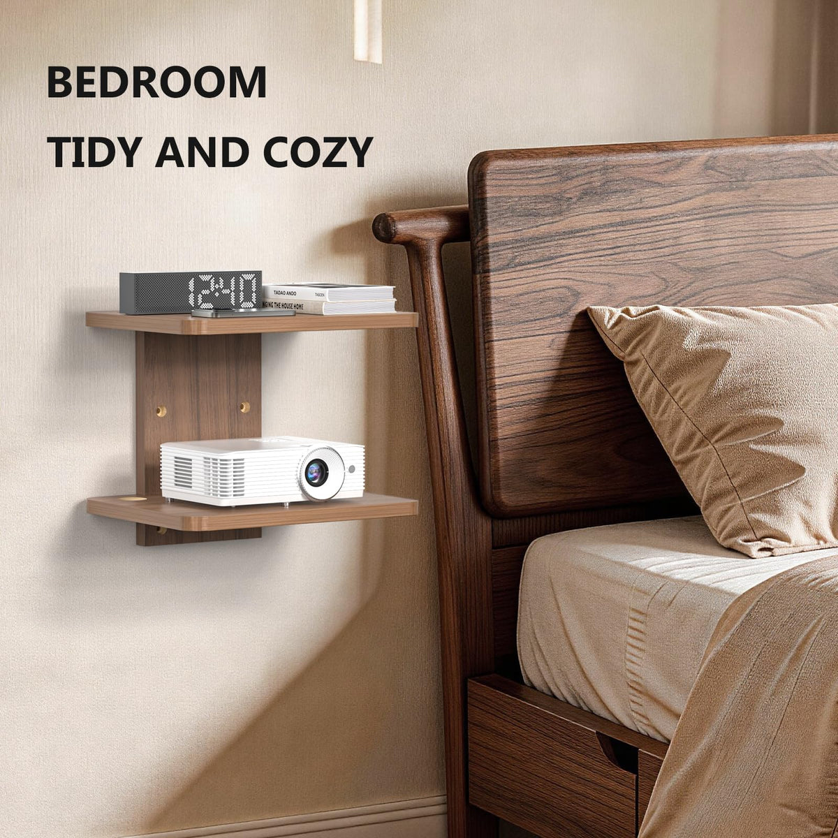 WALI CS202N walnut shelf in living room with devices neatly arranged
