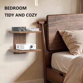 WALI CS202N walnut shelf in living room with devices neatly arranged