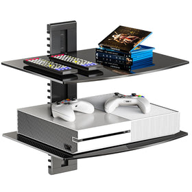 WALI floating TV shelf with 2-tier glass for organized entertainment setup