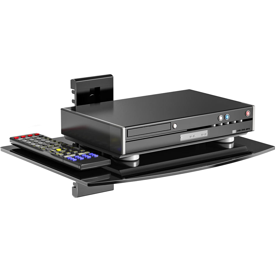 WALI floating TV shelf with glass top supports media players up to 17.6 lbs.