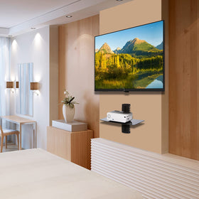 WALI glass shelf storing DVD players and game consoles neatly.