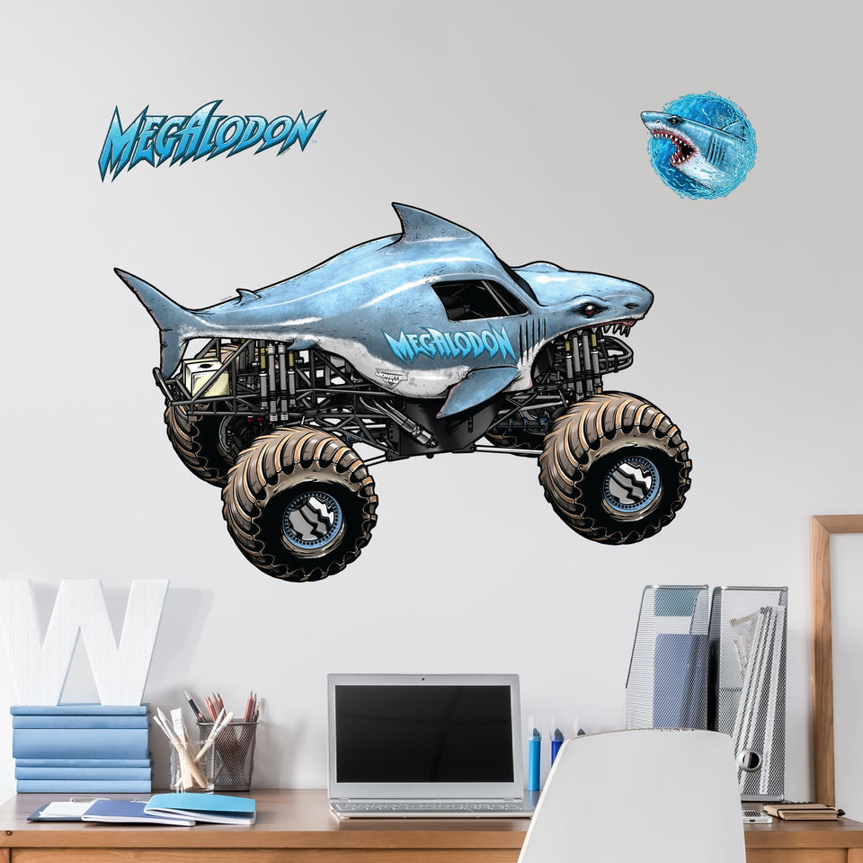 Wall Palz Megalodon truck decal set displayed on wall for bold Monster Jam decor.
