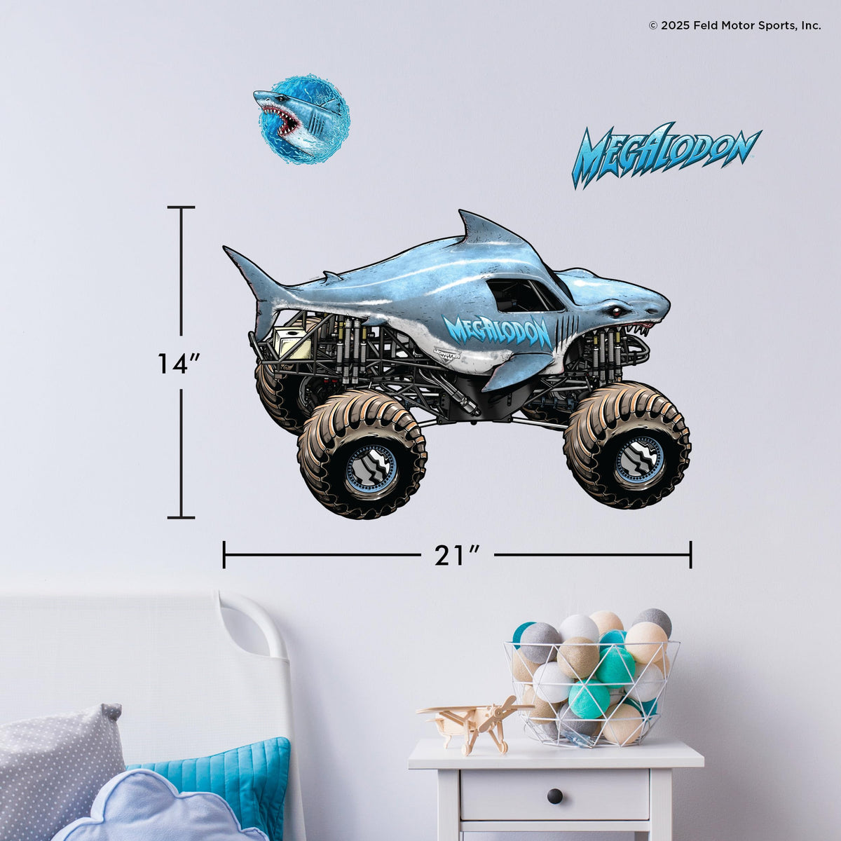 Megalodon wall decal spans wide display for a dramatic bedroom feature.