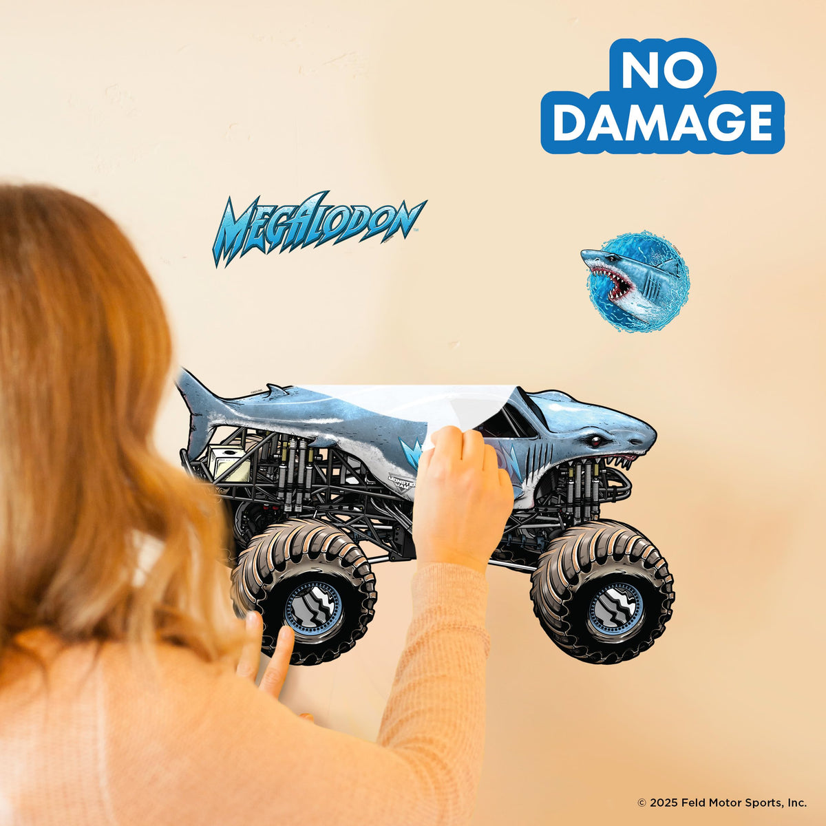 Wall Palz Monster Jam Megalodon wall art shown in a kids' room setting.