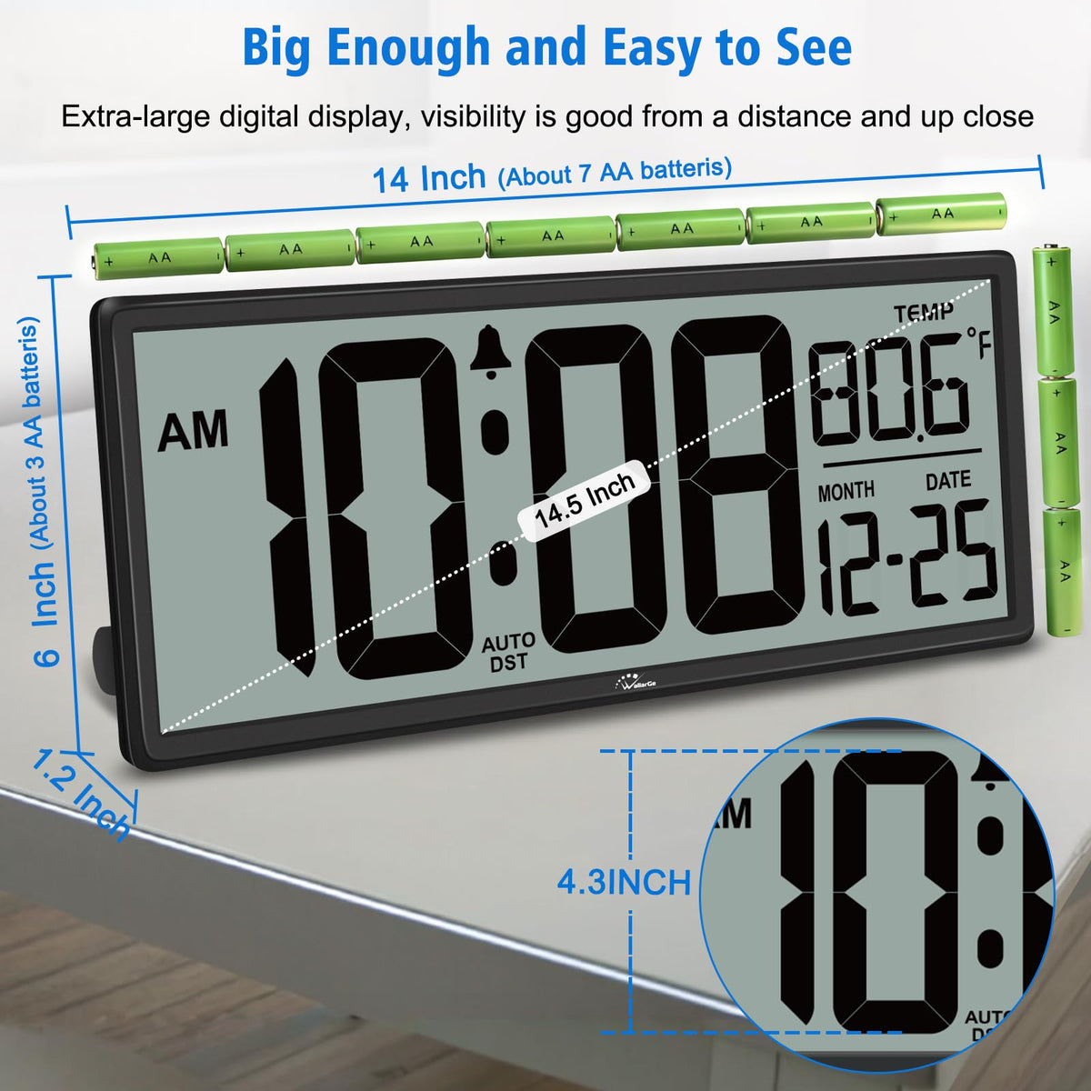 WallarGe 4 AA battery-powered clock for cord-free placement.