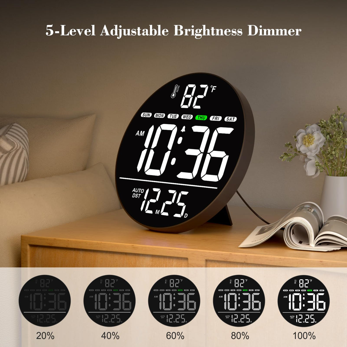 WallarGe 8-inch LED clock showing time, date, and day clearly.