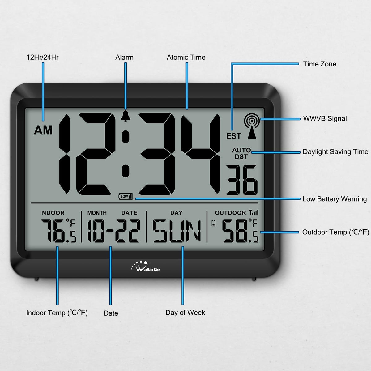 WallarGe alarm and DST indicators help manage daily routines.