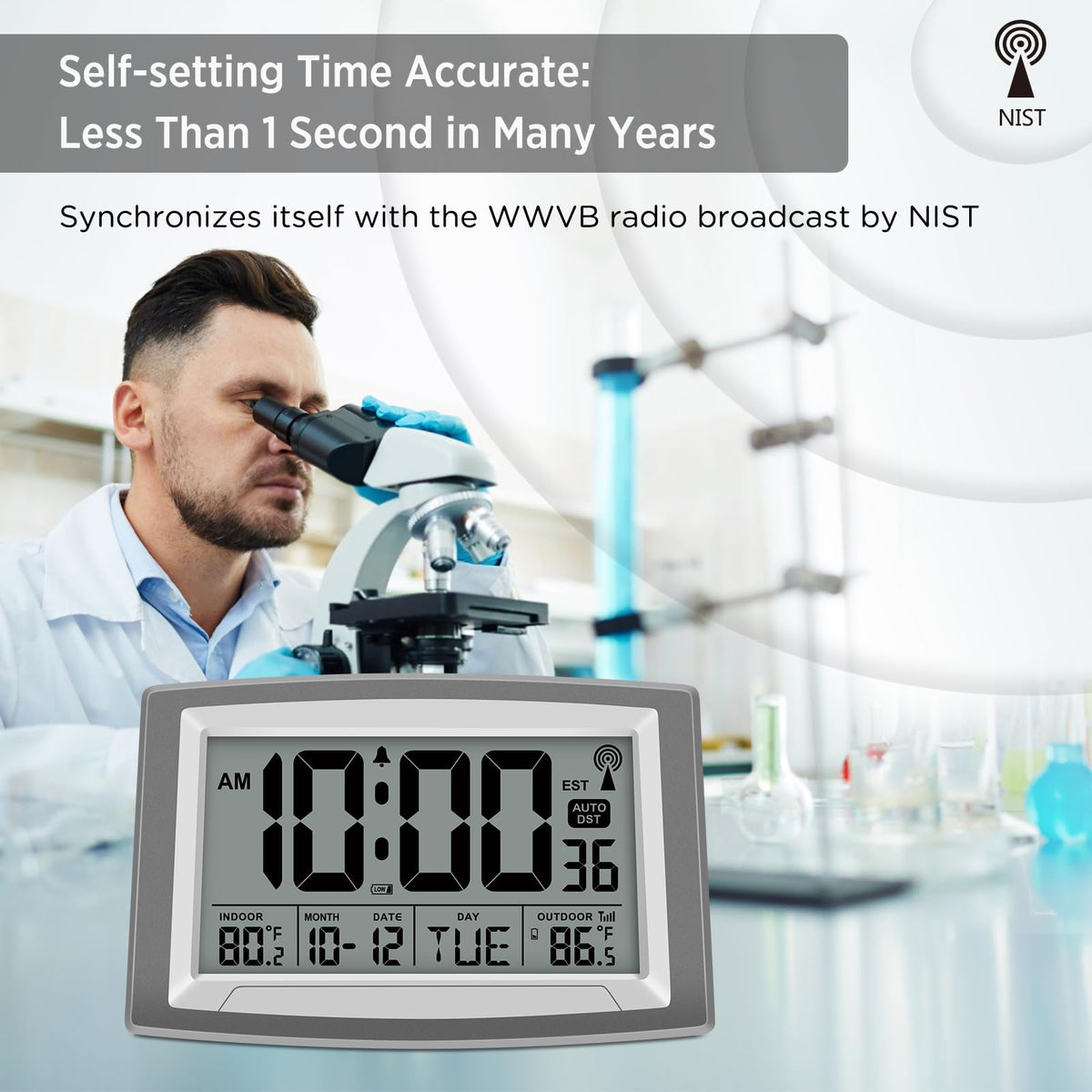 WallarGe auto-sync clock maintains accurate time via WWVB signals.