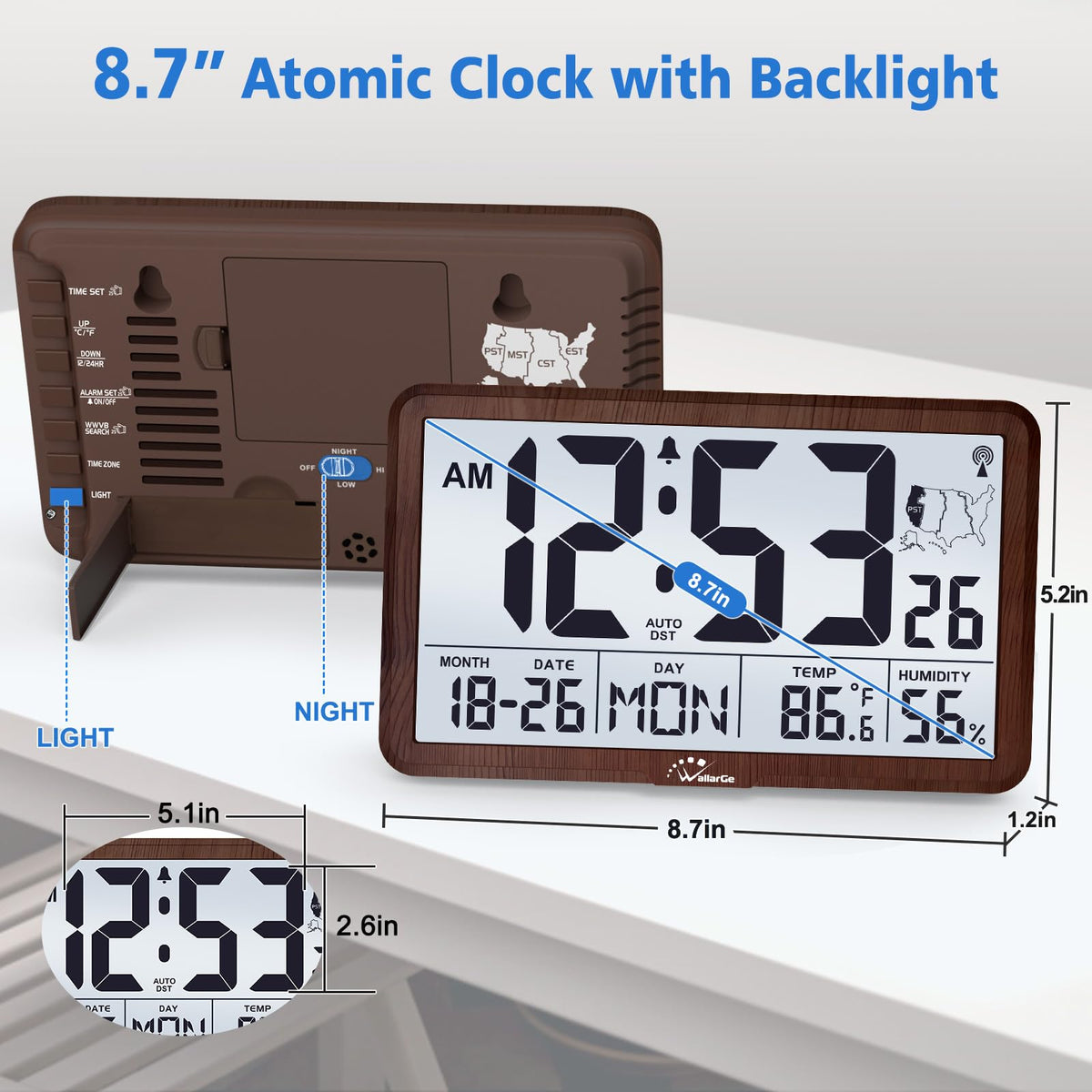 WallarGe clock backlight enhances readability after dark
