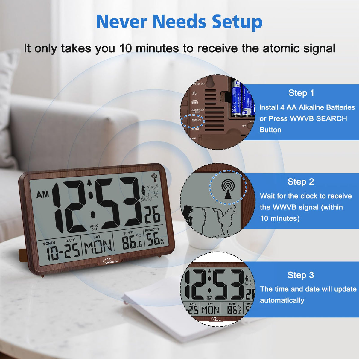WallarGe Atomic Clock battery-powered for cordless placement