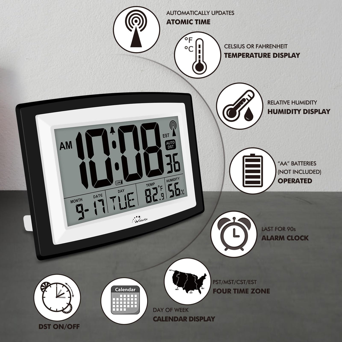 WallarGe Atomic Clock calendar-date-view helps tracking days and reminders.