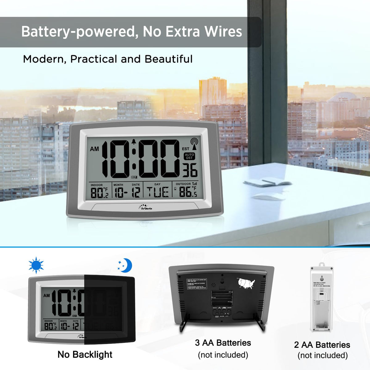 WallarGe clock displays indoor temperature alongside time.
