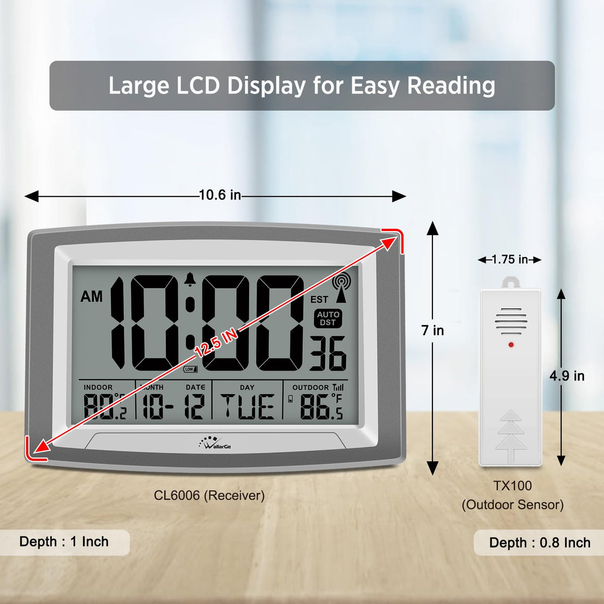 WallarGe clock shows outdoor temperature from the wireless sensor.