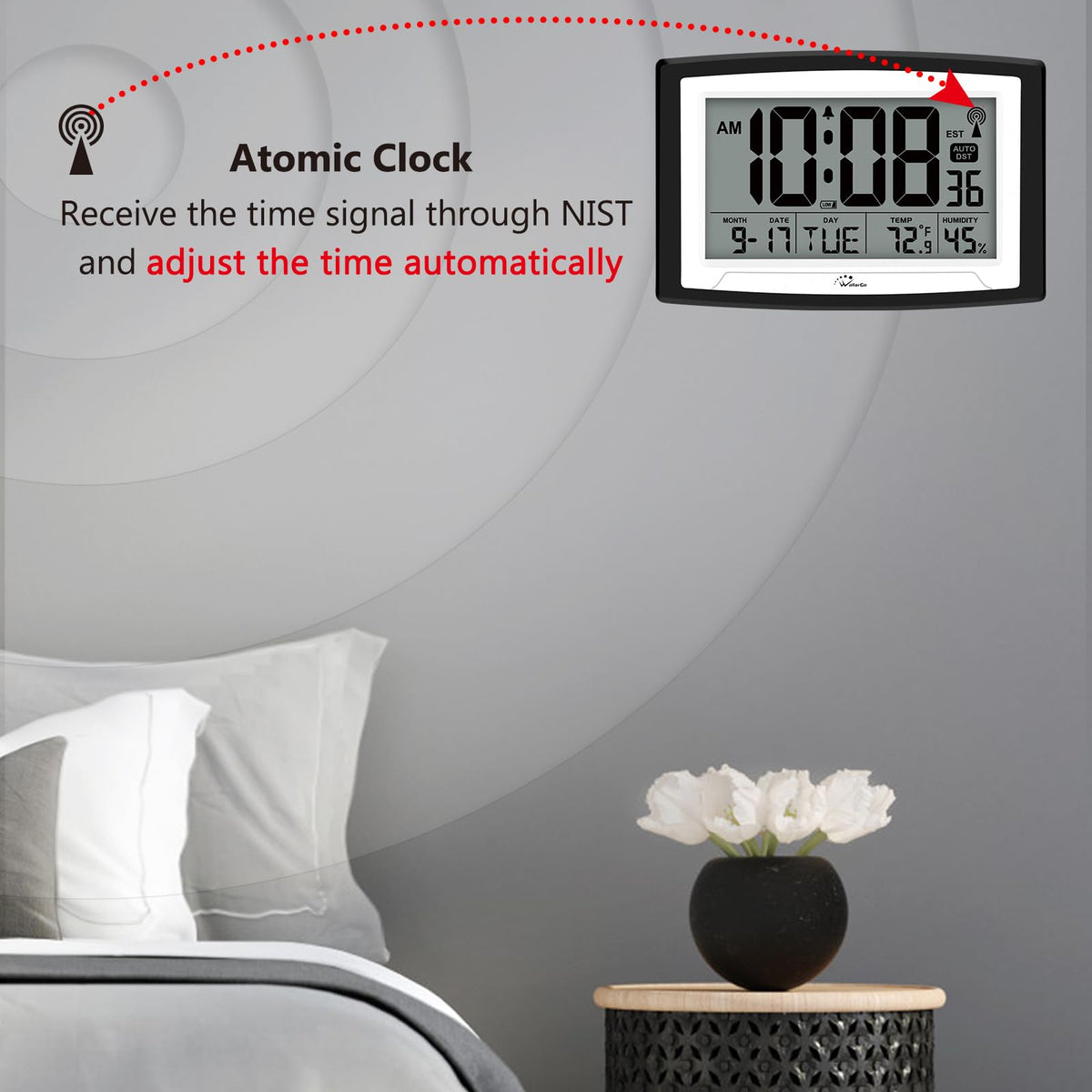 WallarGe Atomic Clock temperature-humidity display showing indoor climate at a glance.