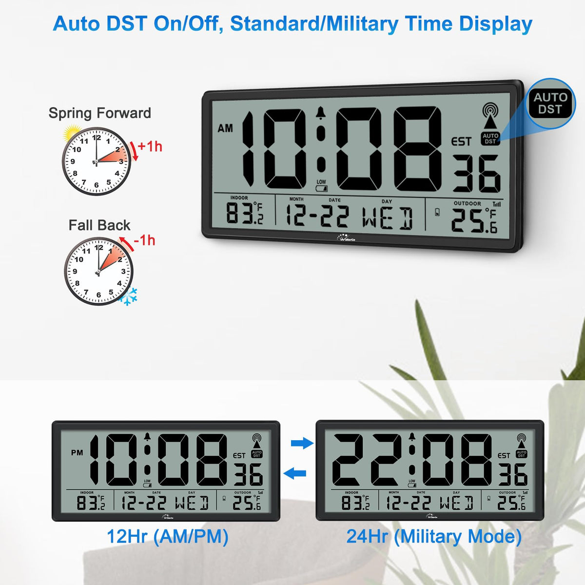 WallarGe clock temperature readout highlighting indoor comfort and outdoor trend