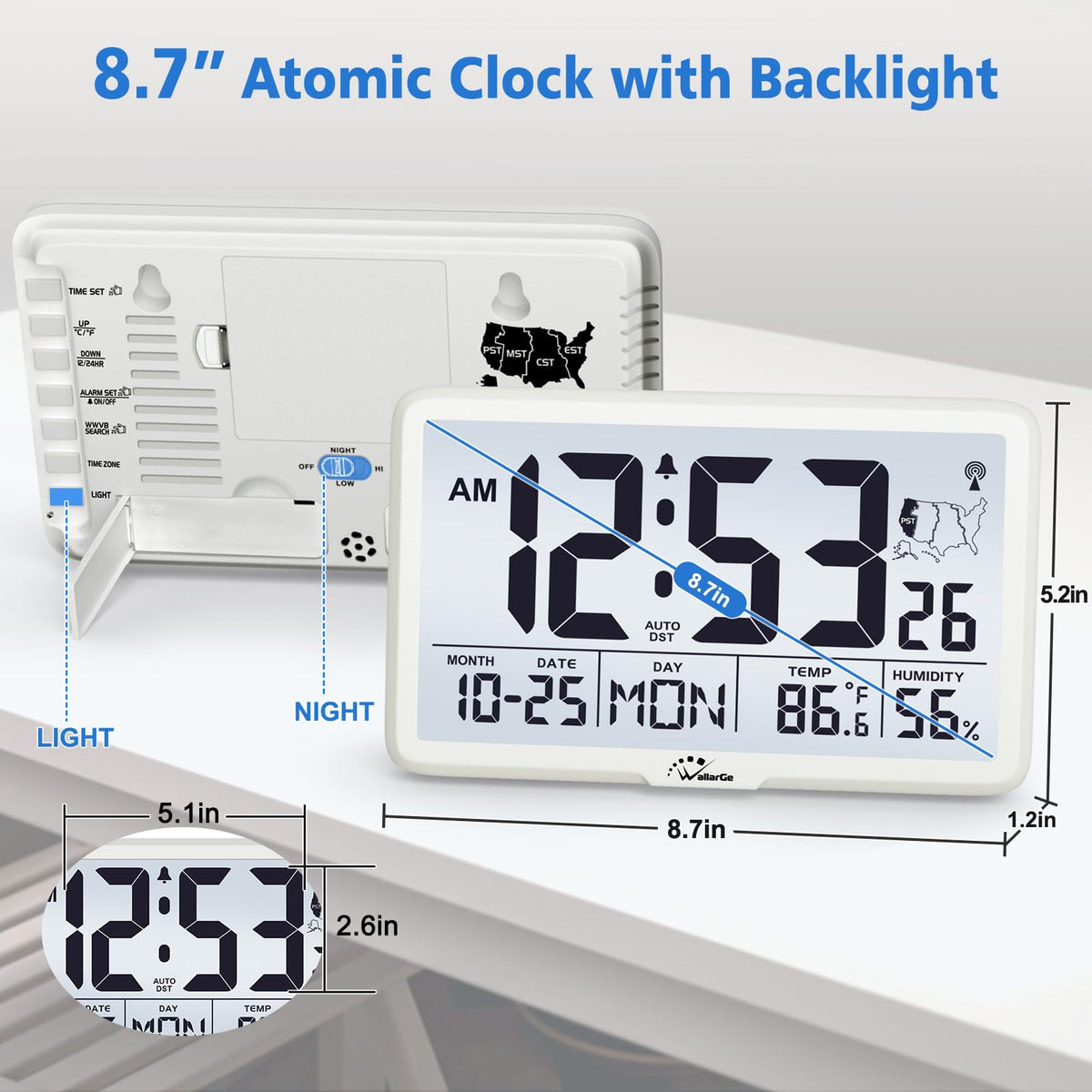 WallarGe clock showing WWVB synchronization for accurate time.