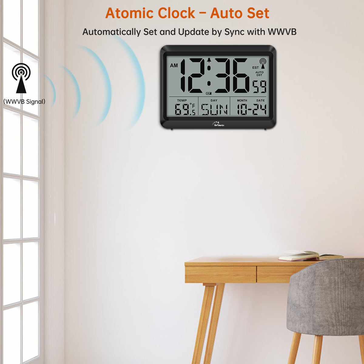 WallarGe Atomic Digital Wall Clock date and day display supports scheduling.