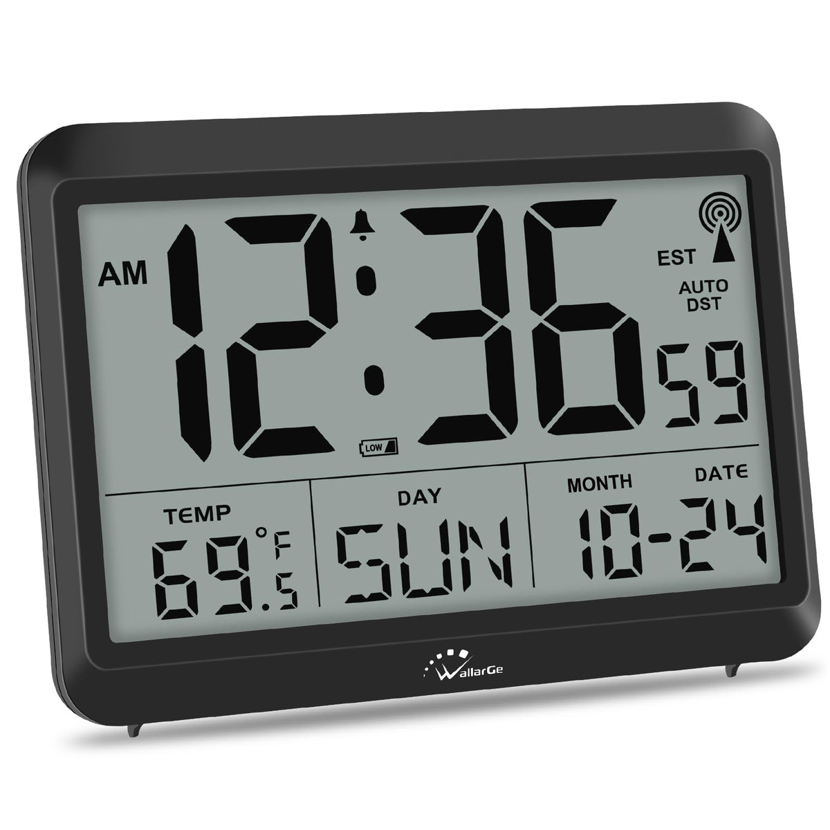 WallarGe Atomic Digital Wall Clock front view shows time at a glance for quick checks.