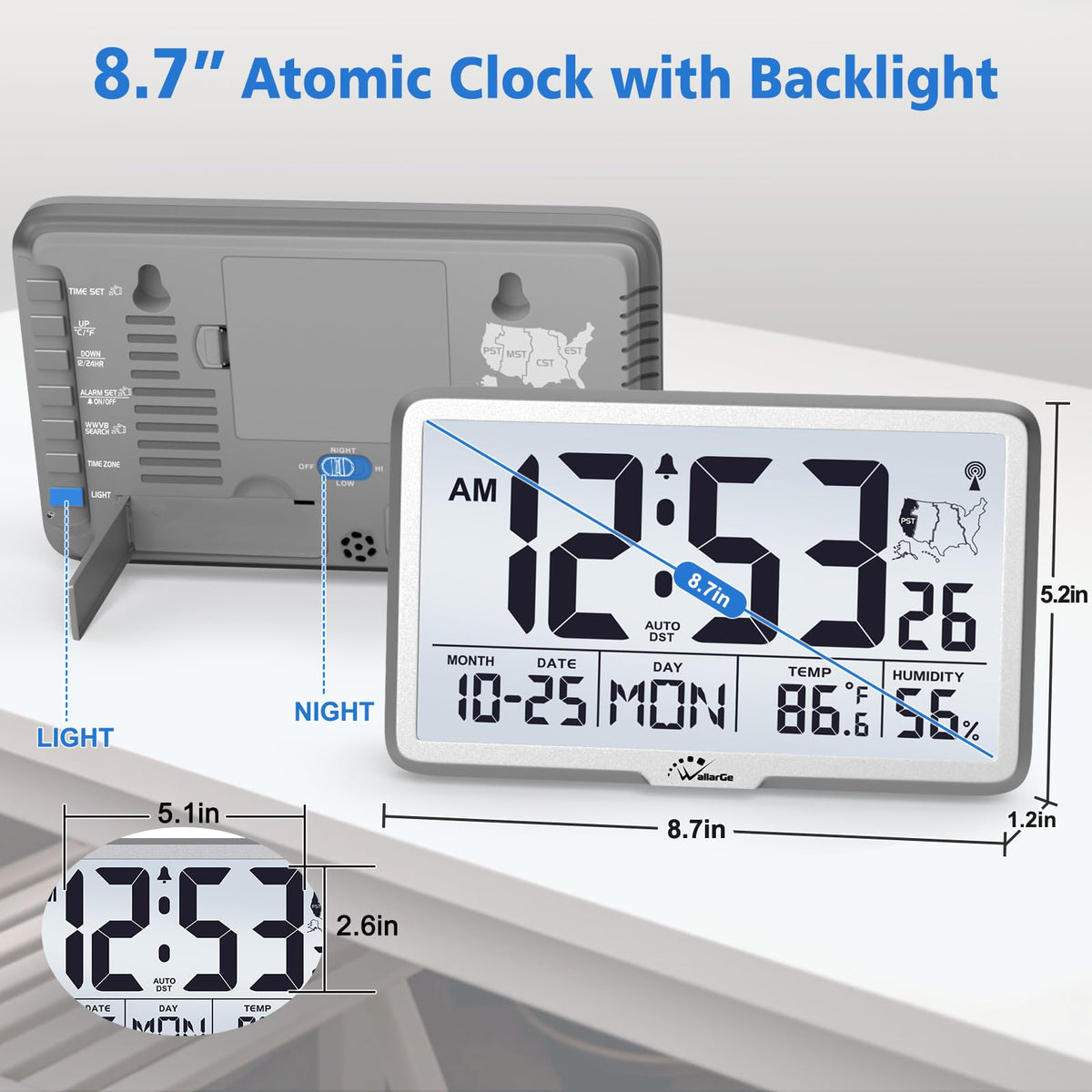WallarGe Atomic Clock backlight glows for clear time in dim rooms.