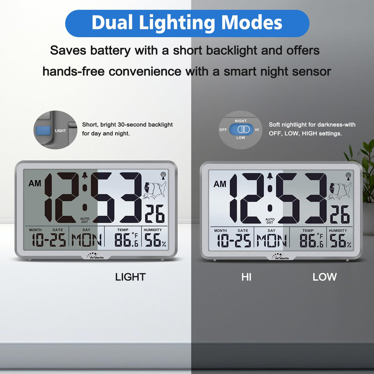 WallarGe Clock shows indoor temperature and humidity for comfortable living.