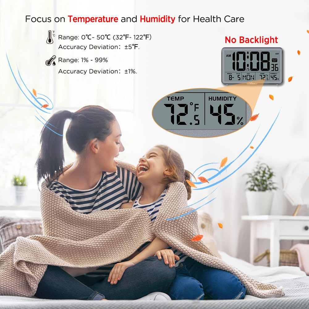 WallarGe Auto Set Digital Wall Clock with battery backup keeps time during outages.