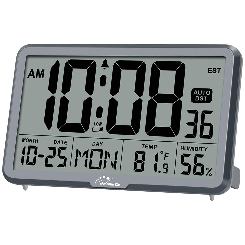 WallarGe Auto Set Digital Wall Clock shows temperature and humidity for indoor comfort.