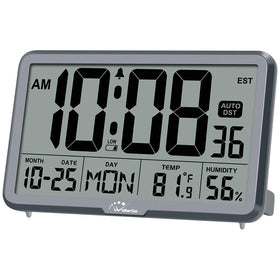 WallarGe Auto Set Digital Wall Clock shows temperature and humidity for indoor comfort.