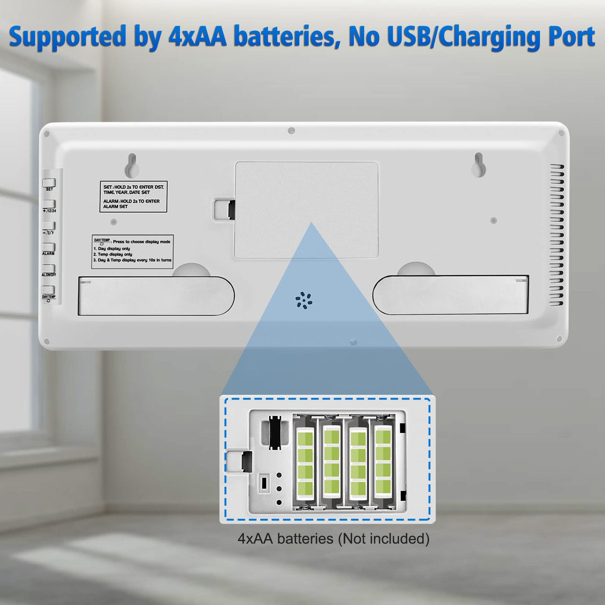 WallarGe back panel controls for quick, simple clock configuration.