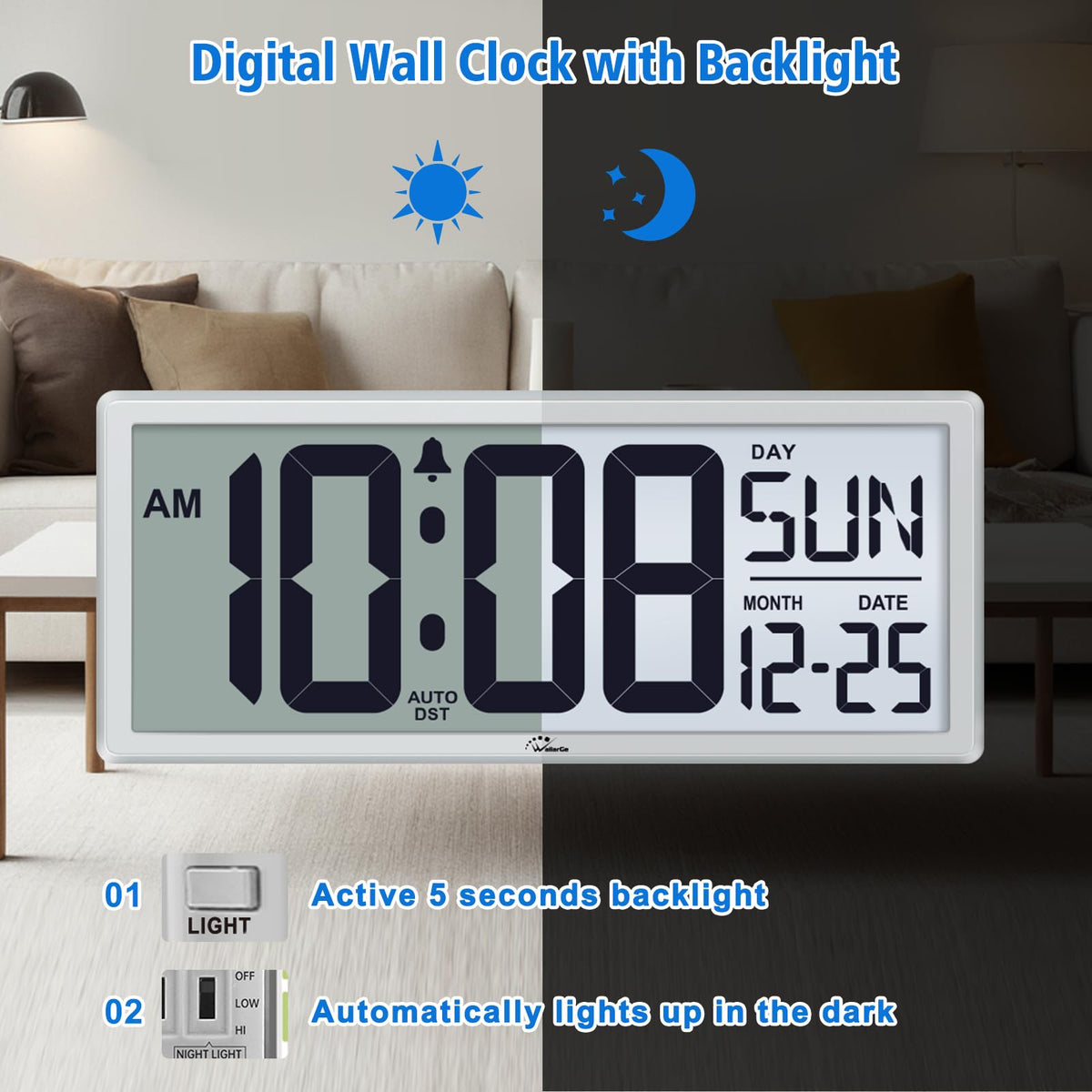 WallarGe backlight digital clock indoor temperature display at a glance