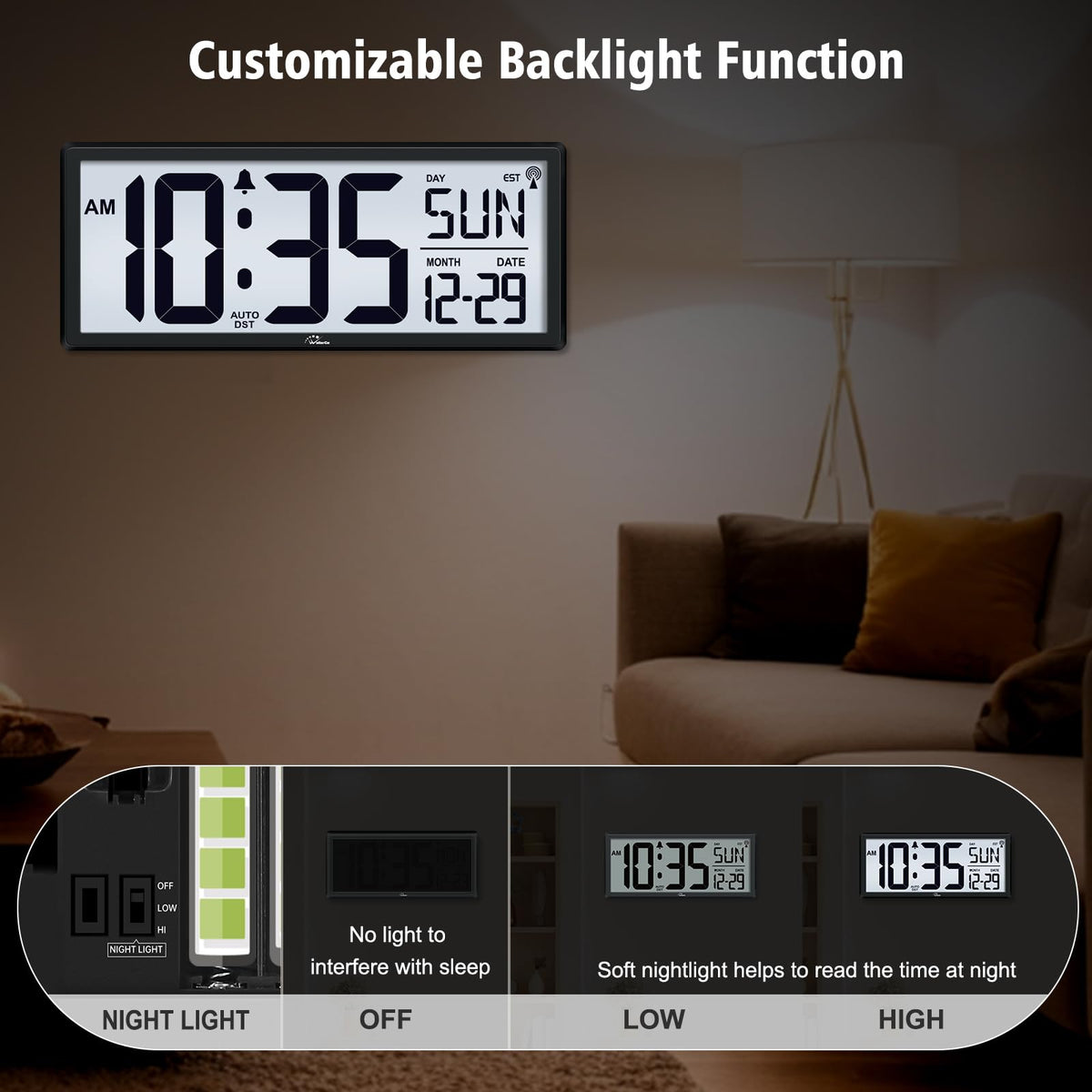 WallarGe battery-operated clock runs on AA batteries, flexible placement.