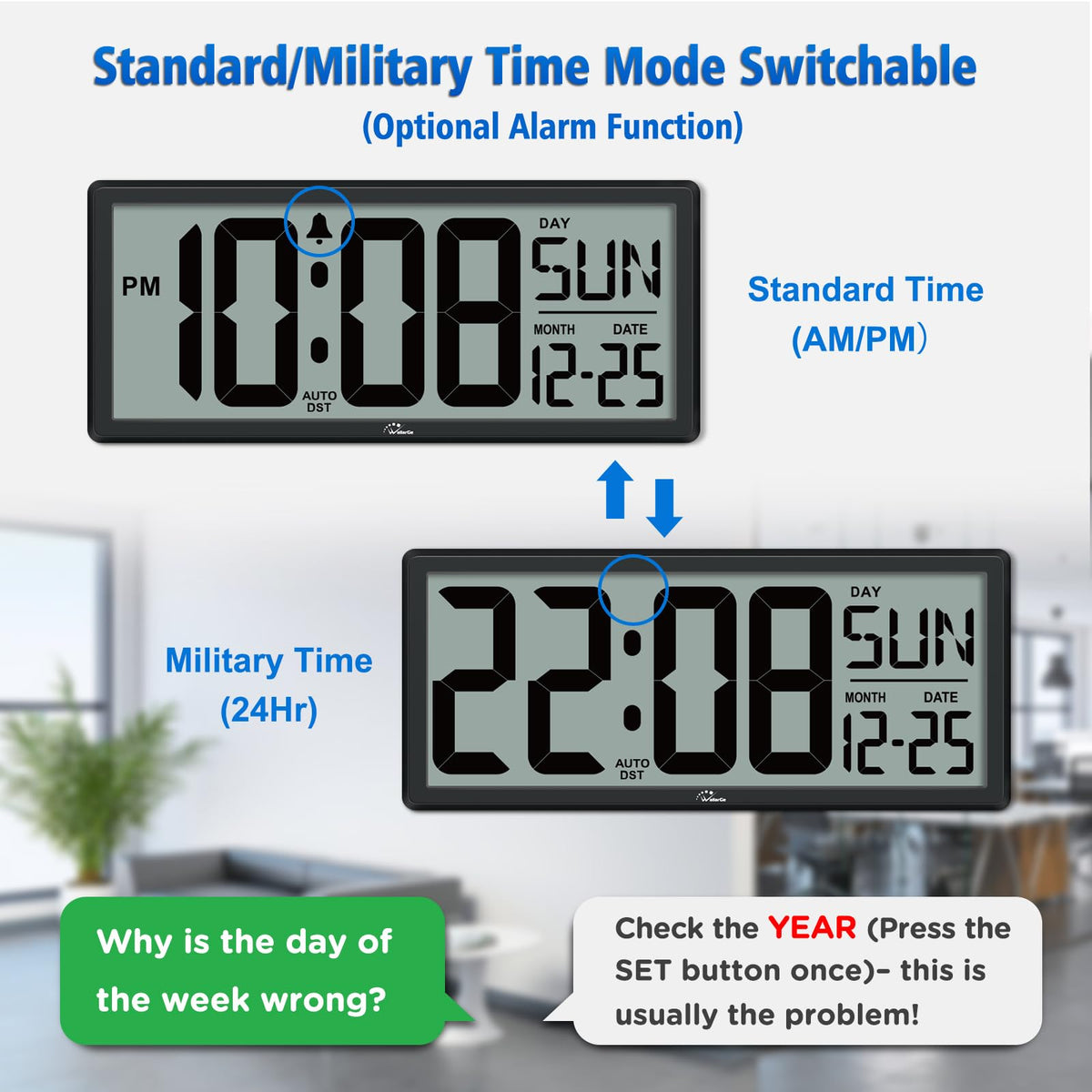 WallarGe battery-operated clock back panel highlights simple setup.
