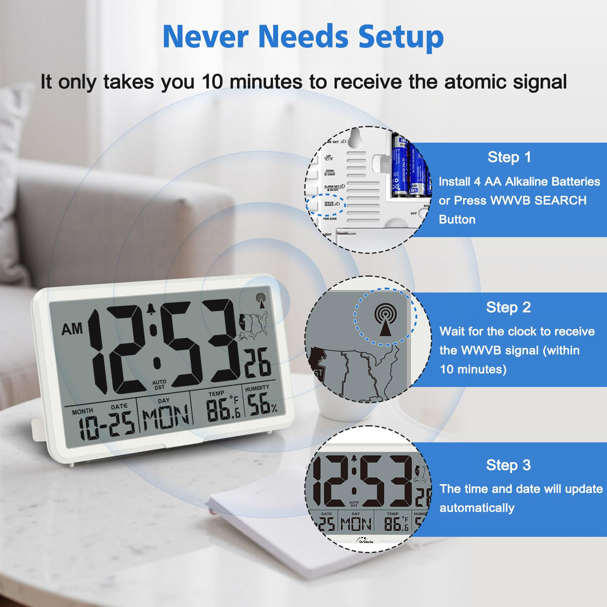 WallarGe battery-operated clock with cord-free placement flexibility.