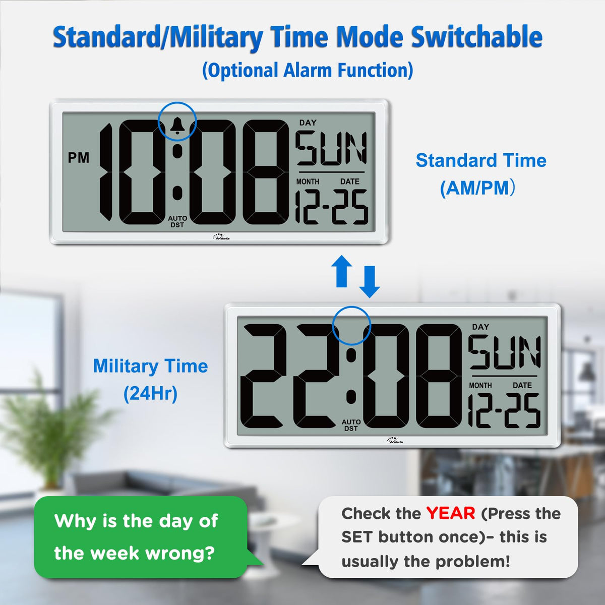 WallarGe battery-operated clock maintains time with a visible low battery indicator.