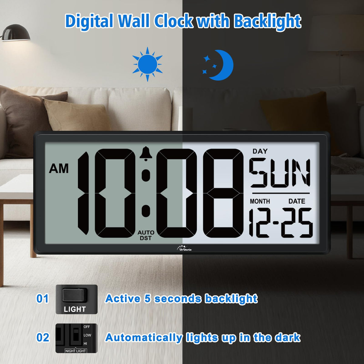 WallarGe battery-powered digital wall clock without cords for flexible placement.